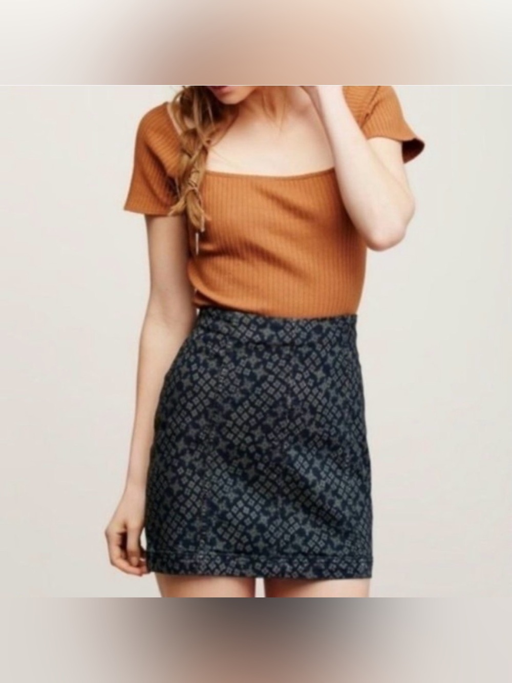 Free People indigo combo green diamond print stretch denim Mini Skirt